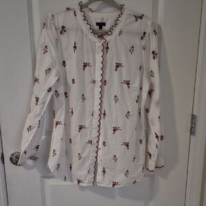 Talbots White Blouse with Rust Embroidery Floral Design